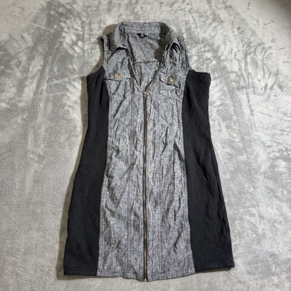 Guess Dress Large Short Snap Buttons Black Gray Collar Linen Cotton Missing Tag